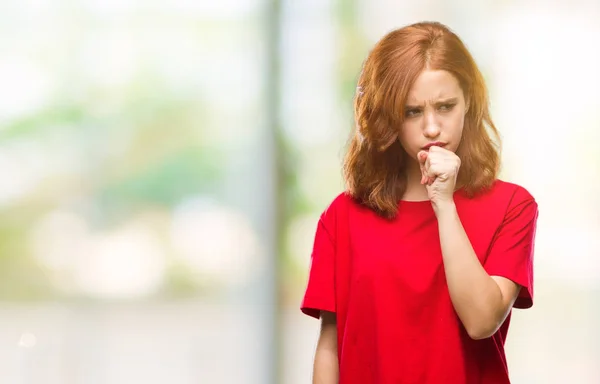 Giovane Bella Donna Sfondo Isolato Sensazione Malessere Tosse Come Sintomo — Foto Stock