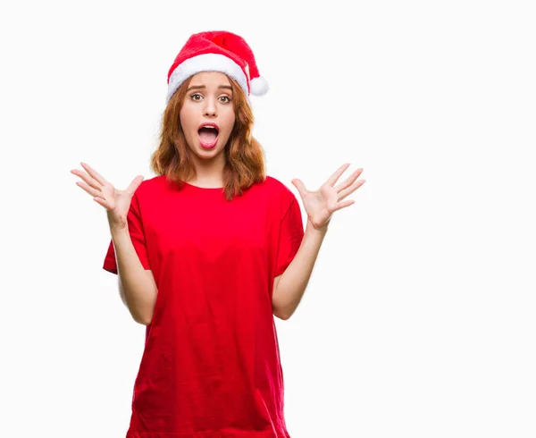 Fiatal Gyönyörű Alatt Elszigetelt Háttér Ünnepli Őrült Karácsonyi Kalapot Visel — Stock Fotó