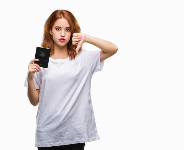 Jovem Bela Mulher Segurando Passaporte Austrália Sobre Fundo Isolado Com — Fotografia de Stock