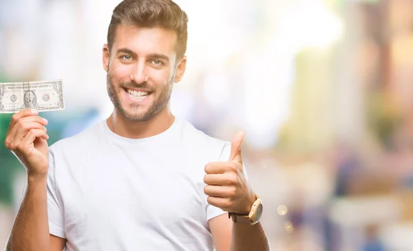 Young Handsome Man Holding Dollars Isolated Background Happy Big Smile — Stock Photo, Image