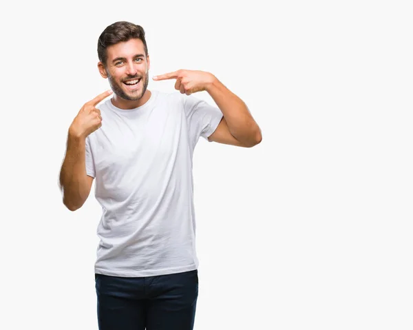 Homem Bonito Jovem Sobre Fundo Isolado Sorrindo Confiante Mostrando Apontando — Fotografia de Stock