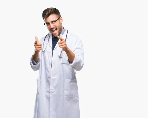 Młody Przystojny Lekarz Mężczyzna Białym Tle Wskazując Palcami Aparatu Twarzy — Zdjęcie stockowe