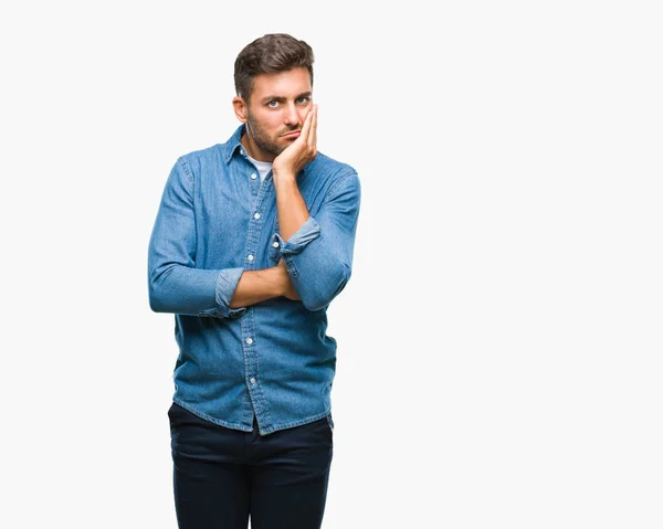 Joven Hombre Guapo Sobre Fondo Aislado Pensando Que Cansado Aburrido —  Fotos de Stock