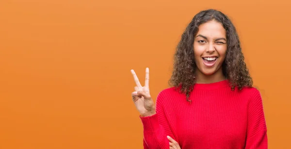 Junge Hispanische Frau Rotem Pullover Mit Glücklichem Gesicht Die Die — Stockfoto