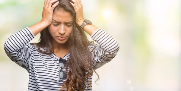 Young Beautiful Arab Woman Wearing Sunglasses Isolated Background Suffering Headache — Stock Photo, Image