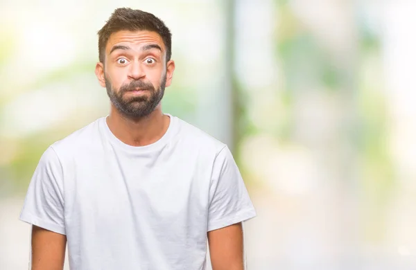 Homem Hispânico Adulto Sobre Fundo Isolado Soprando Bochechas Com Rosto — Fotografia de Stock