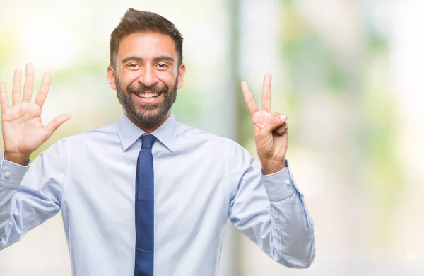 Erwachsener Hispanischer Geschäftsmann Über Isoliertem Hintergrund Der Mit Finger Nummer — Stockfoto