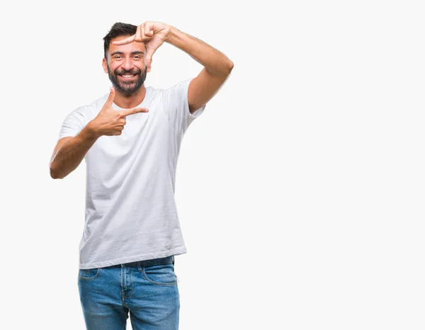 Hombre Hispano Adulto Sobre Fondo Aislado Sonriendo Haciendo Marco Con —  Fotos de Stock