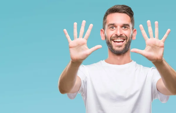 Joven Hombre Guapo Sobre Fondo Aislado Mostrando Señalando Hacia Arriba — Foto de Stock