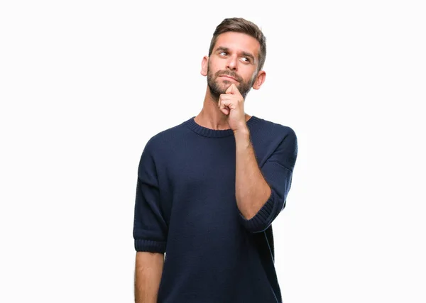 Young Handsome Man Wearing Winter Sweater Isolated Background Hand Chin — Stock Photo, Image