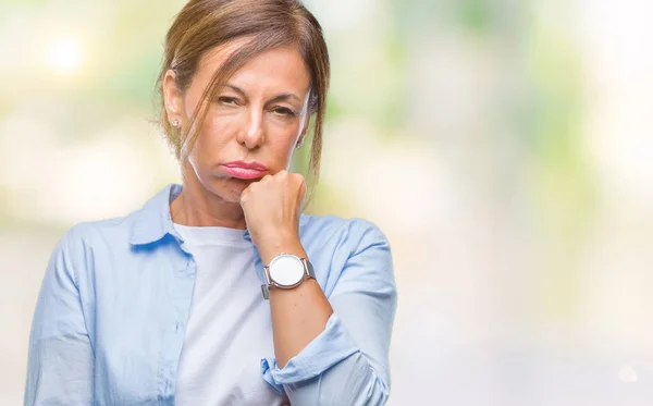 Middelbare Leeftijd Senior Latino Vrouw Geïsoleerde Achtergrond Denken Zoek Moe — Stockfoto