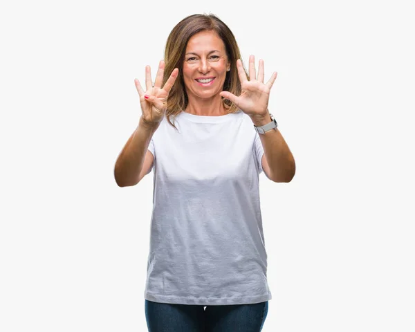 Middelbare Leeftijd Senior Latino Vrouw Geïsoleerde Achtergrond Weergeven Met Vingers — Stockfoto