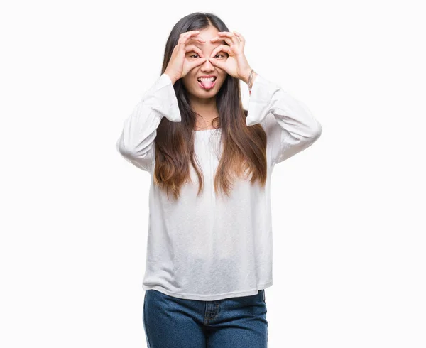 Young Asian Woman Isolated Background Doing Gesture Binoculars Sticking Tongue — Stock Photo, Image