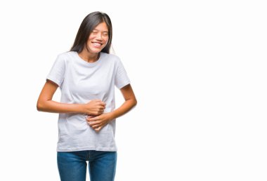Genç Asyalı kadın izole mide üzerinde el ile arka plan çünkü mide bulantısı, ağrılı hastalık hasta hissediyor. Ağrısı kavramı.