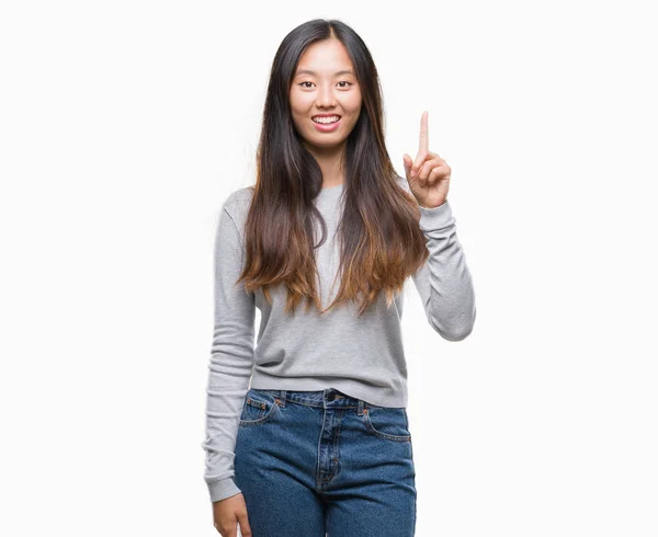 Jonge Aziatische Vrouw Geïsoleerde Achtergrond Vinger Omhoog Met Succesvolle Idee — Stockfoto