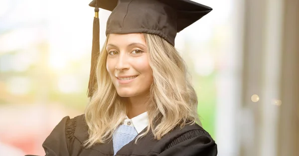 Young Graduate Woman Crossed Arms Confident Happy Big Natural Smile — Stock Photo, Image