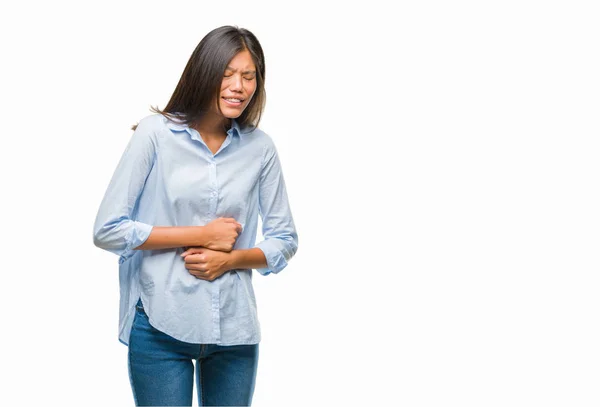 以上の若いアジア ビジネス女性のための胃に手でバック グラウンドを分離した吐き気 気分が悪く痛みを伴う病気 痛みの概念 — ストック写真