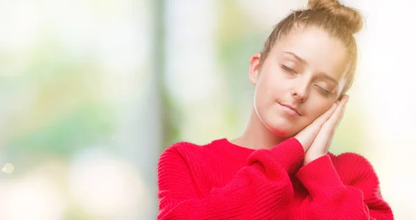 Joven Rubia Vestida Con Moño Suéter Rojo Durmiendo Cansada Soñando —  Fotos de Stock