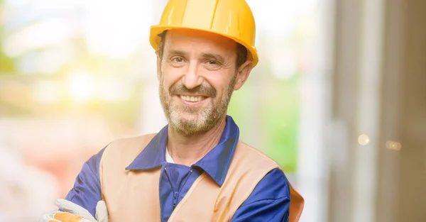 Senior Engineer Man Construction Worker Crossed Arms Confident Happy Big — Stock Photo, Image