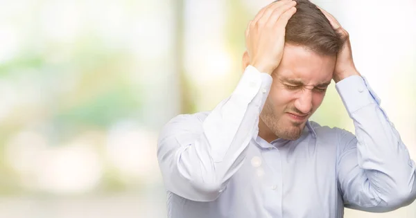 Przystojny Młody Biznesmen Cierpiących Ból Głowy Zdesperowany Zestresowani Bóle Migreny — Zdjęcie stockowe