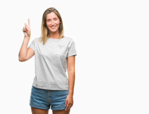 Junge Schöne Frau Über Isoliertem Hintergrund Die Mit Finger Nummer — Stockfoto