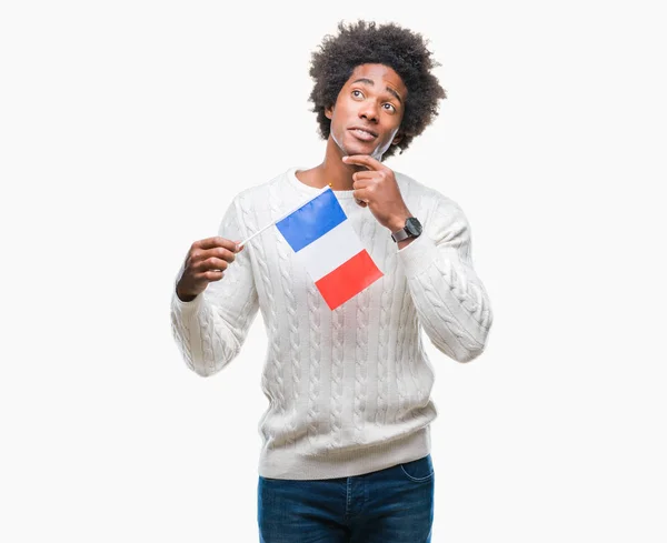 Bandeira Afro Americana França Sobre Fundo Isolado Rosto Sério Pensando — Fotografia de Stock