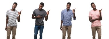 Kolaj Afro-Amerikan adamın yüzünde, kocaman bir gülümseme ile farklı kıyafetler giyen kameraya bakarak yan el ve parmak ile işaret.