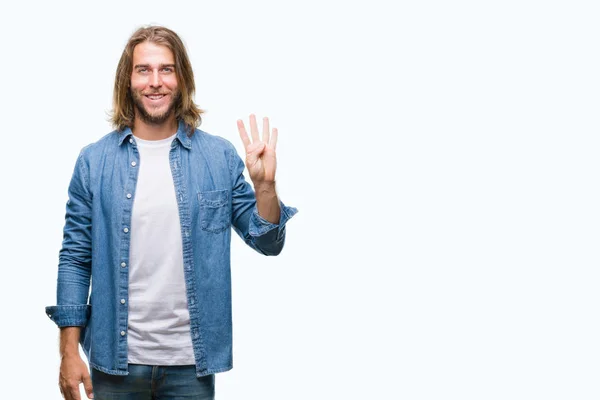 Jovem Homem Bonito Com Cabelos Longos Sobre Fundo Isolado Mostrando — Fotografia de Stock