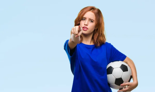 Young Beautiful Woman Isolated Background Holding Soccer Football Ball Pointing — Stock Photo, Image