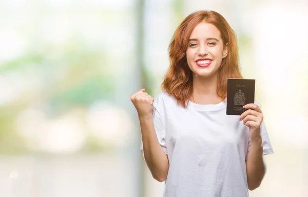 Młoda Kobieta Piękne Paszportem Kanada Białym Tle Krzyk Dumny Świętuje — Zdjęcie stockowe
