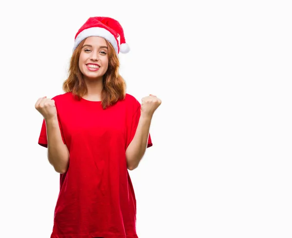 Jovem Bela Mulher Sobre Fundo Isolado Vestindo Chapéu Natal Comemorando — Fotografia de Stock