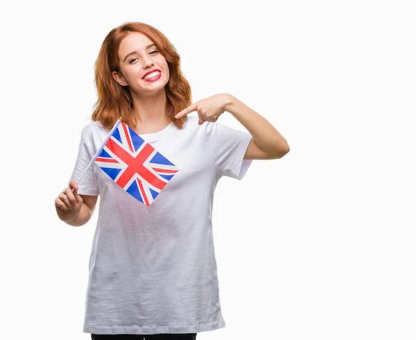 Joven Hermosa Mujer Sosteniendo Bandera Del Reino Unido Sobre Fondo —  Fotos de Stock