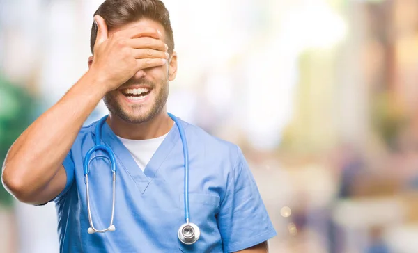 Young Handsome Doctor Surgeon Man Isolated Background Smiling Laughing Hand — Stock Photo, Image