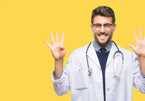 Jovem Bonito Médico Homem Sobre Isolado Fundo Mostrando Apontando Para — Fotografia de Stock