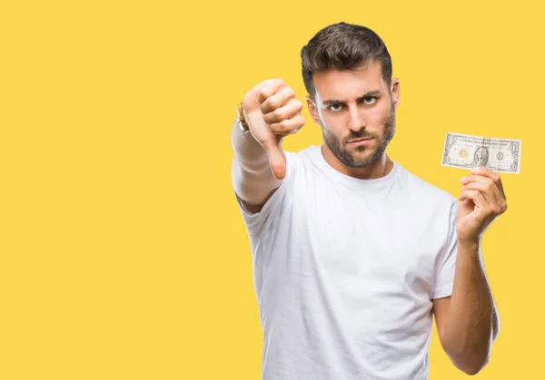 Young Handsome Man Holding Dollars Isolated Background Angry Face Negative — Stock Photo, Image