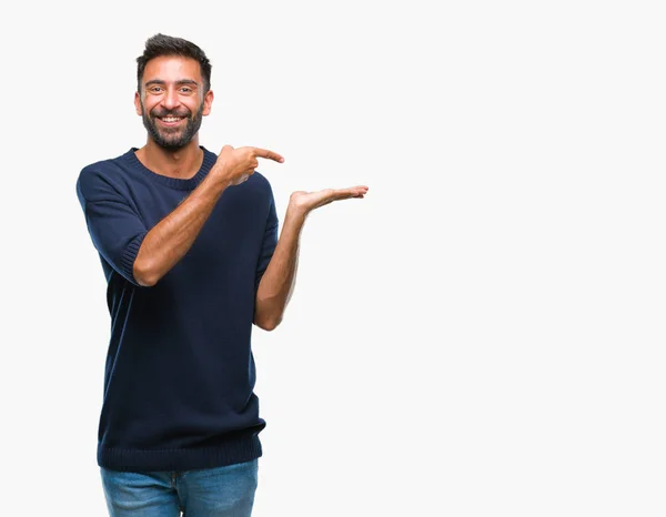 Adult Hispanic Man Isolated Background Amazed Smiling Camera While Presenting — Stock Photo, Image