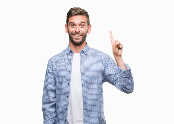 Jovem Homem Bonito Vestindo Shirt Branca Sobre Fundo Isolado Mostrando — Fotografia de Stock