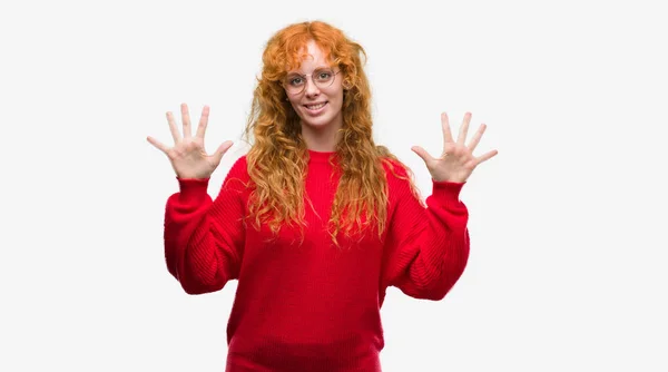 Young Redhead Woman Wearing Red Sweater Showing Pointing Fingers Number — Stock Photo, Image