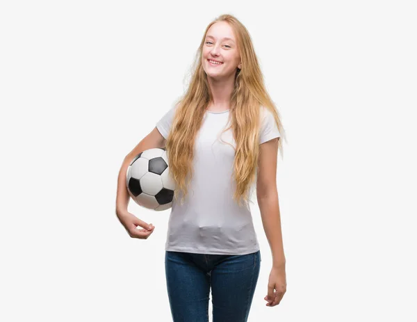 Bionda Adolescente Donna Possesso Pallone Calcio Con Una Faccia Felice — Foto Stock