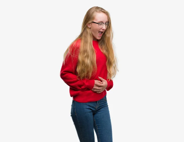 Donna Adolescente Bionda Che Indossa Maglione Rosso Con Mano Sullo — Foto Stock