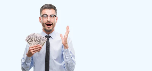 Young Hipster Business Man Holding Dollars Very Happy Excited Winner — Stock Photo, Image