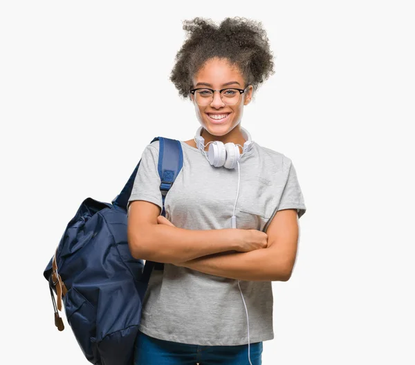 Unga Afro Amerikansk Student Kvinna Bär Hörlurar Och Ryggsäck Över — Stockfoto