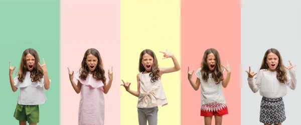 Kolaż Brunetka Dziewczynka Hiszpanin Sobie Różne Stroje Krzycząc Crazy Wyrażenie — Zdjęcie stockowe
