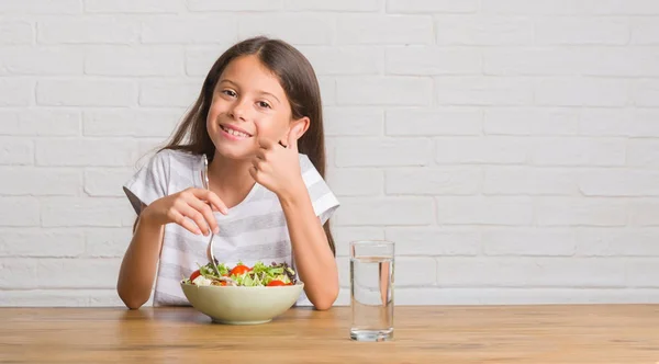 Young Hispanic Kid Sitting Table Eating Healthy Salad Happy Big — Stock Photo, Image