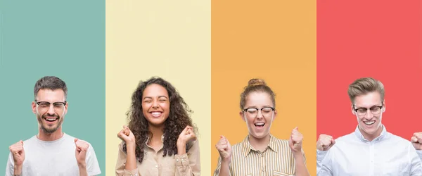 Collage Gruppo Persone Isolate Sfondo Colorato Eccitato Successo Con Braccia — Foto Stock