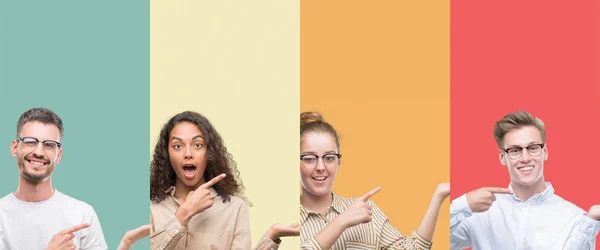 Collage Van Een Groep Mensen Geïsoleerd Kleurrijke Achtergrond Verbaasd Lachend — Stockfoto
