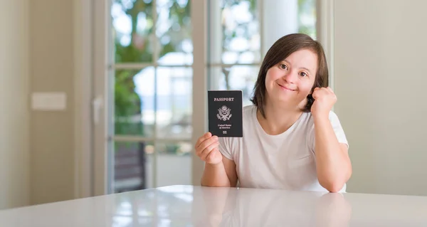 Syndrome Woman Home Holding Usa Passport Screaming Proud Celebrating Victory — Stock Photo, Image