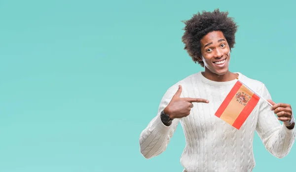 Afro Américain Drapeau Espagne Sur Fond Isolé Très Heureux Pointant — Photo