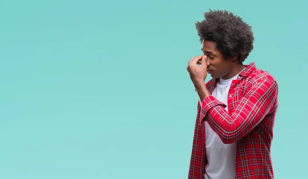 Afro American Man Isolated Background Tired Rubbing Nose Eyes Feeling — Stock Photo, Image