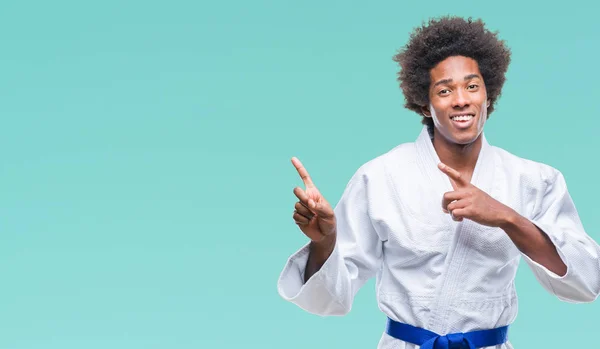 Afro American Man Wearing Karate Kimono Isolated Background Smiling Looking — Stock Photo, Image